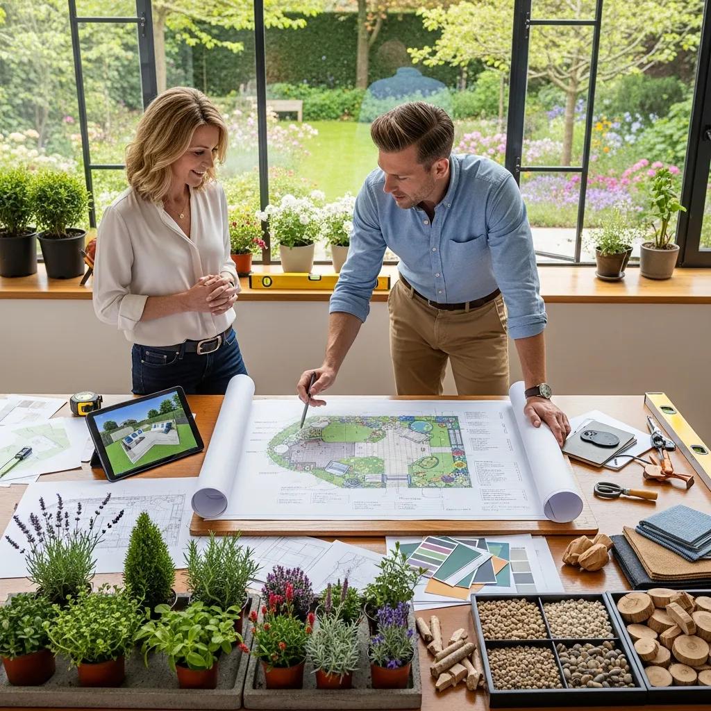 Landscape designer collaborating with a homeowner on design plans and material samples