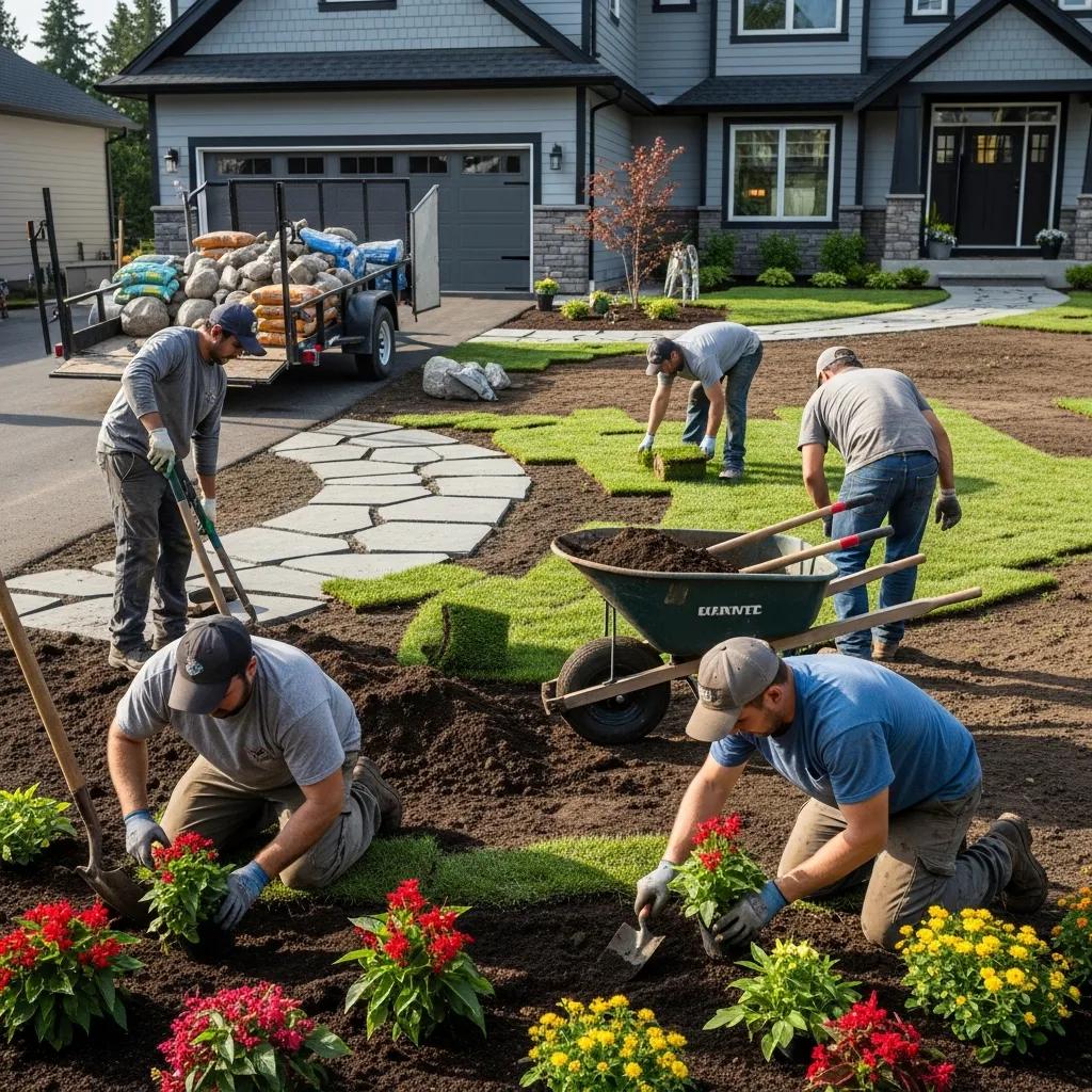 Landscaping crew installing plants and hardscaping features in a residential yard