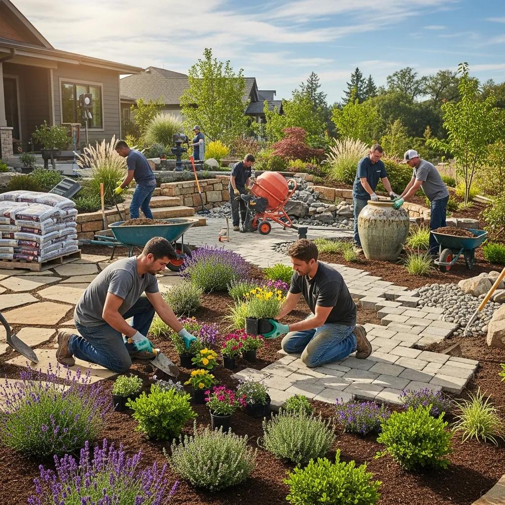 Landscaping project in progress with workers installing plants and hardscapes