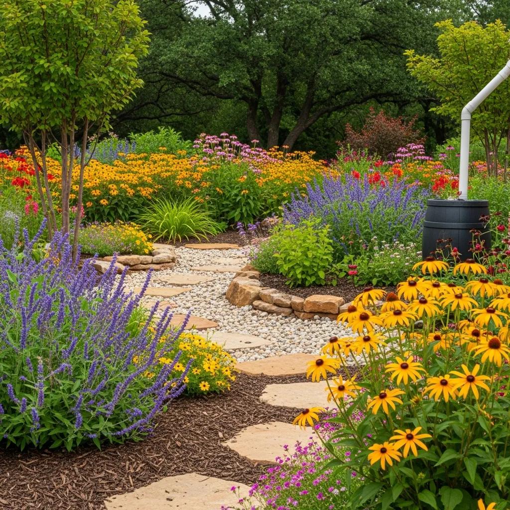 Lush North Texas garden featuring sustainable landscaping with native plants and xeriscaping elements