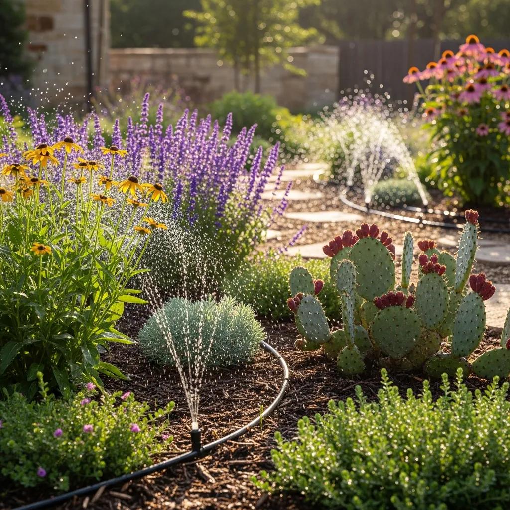 Lush North Texas garden with drip irrigation system watering drought-tolerant plants