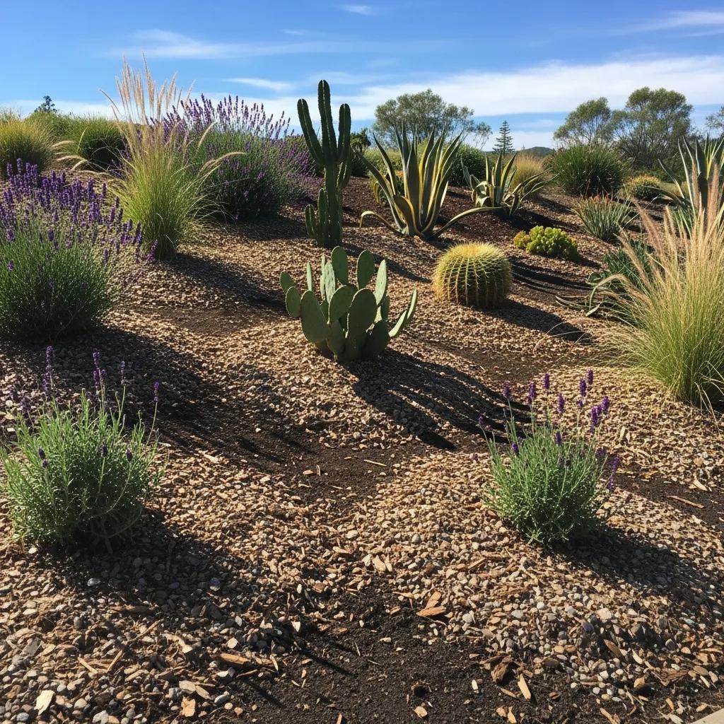 Mulched xeriscaped garden demonstrating soil moisture retention and erosion control