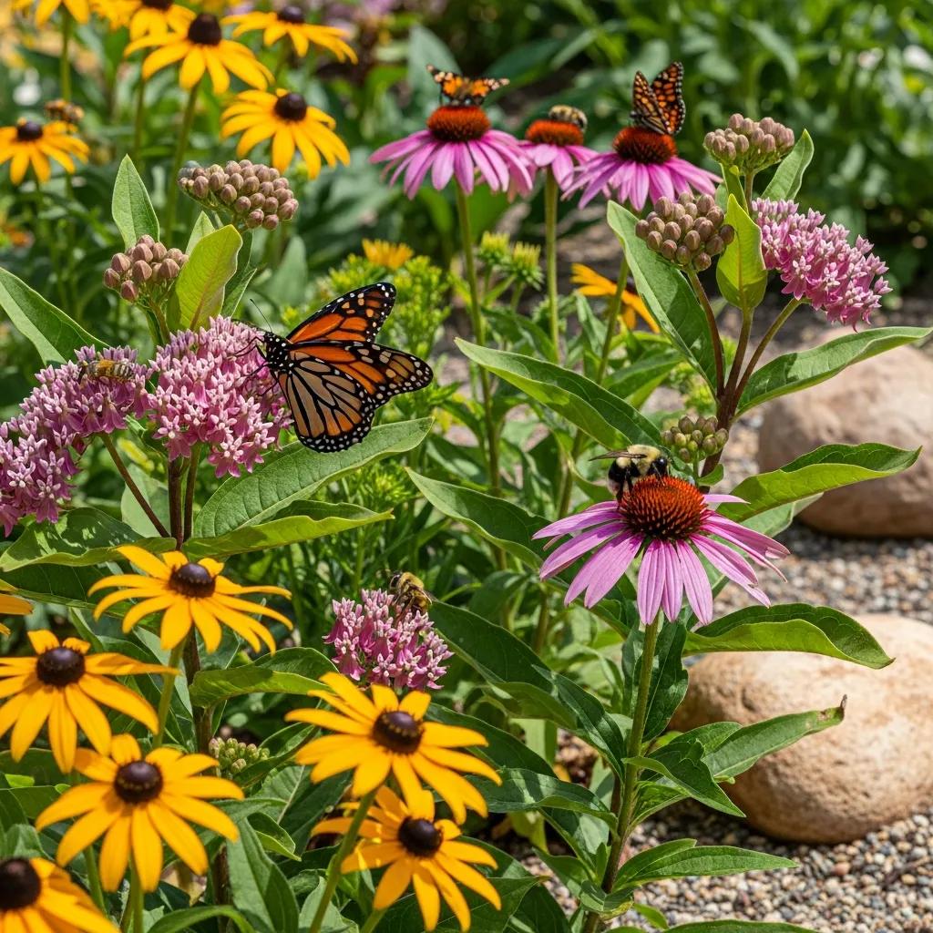 Native plants in a xeriscaped garden attracting pollinators like butterflies and bees