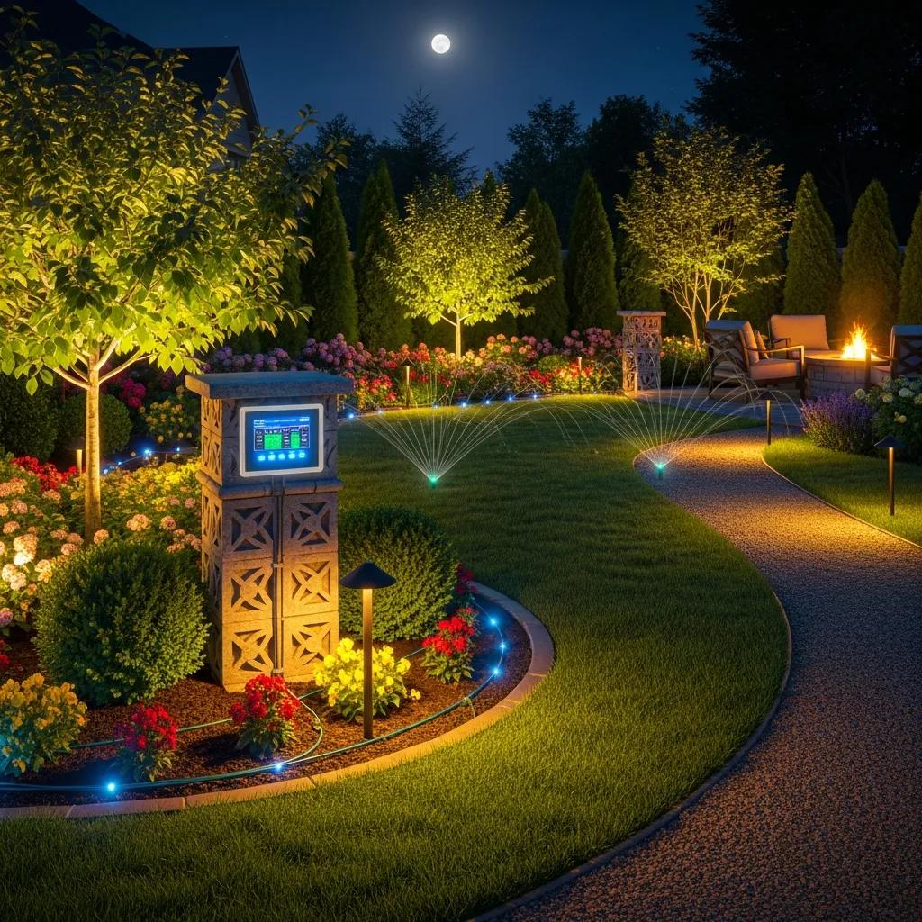 Nighttime outdoor landscape with integrated lighting and smart irrigation systems for water conservation