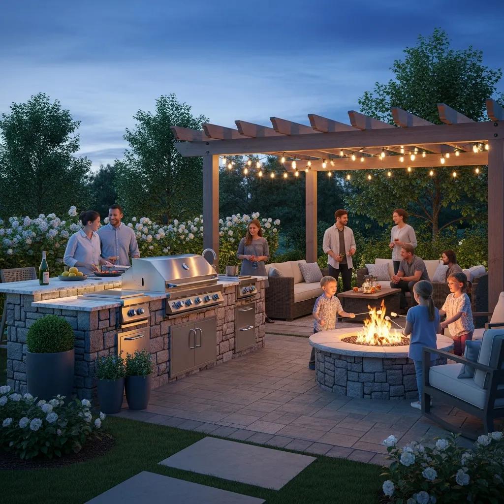 Outdoor kitchen, fire pit, and pergola enhancing patio functionality