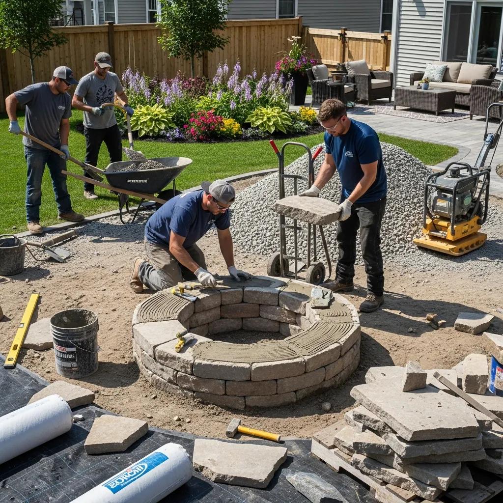 Professional team installing a custom fire pit in a backyard setting