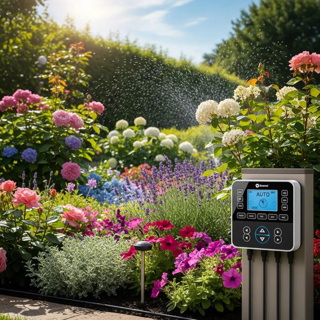 Smart irrigation controller in a vibrant garden, showcasing automated water management benefits