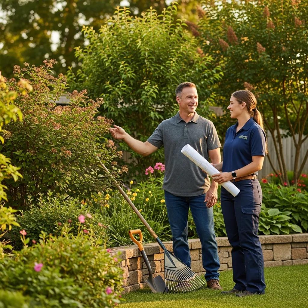 Texas homeowner consulting with a landscaper in a beautiful garden setting