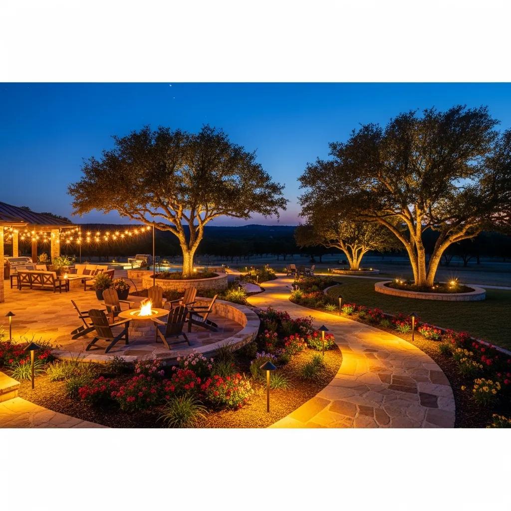Texas landscape illuminated by stylish outdoor lighting creating a warm ambiance