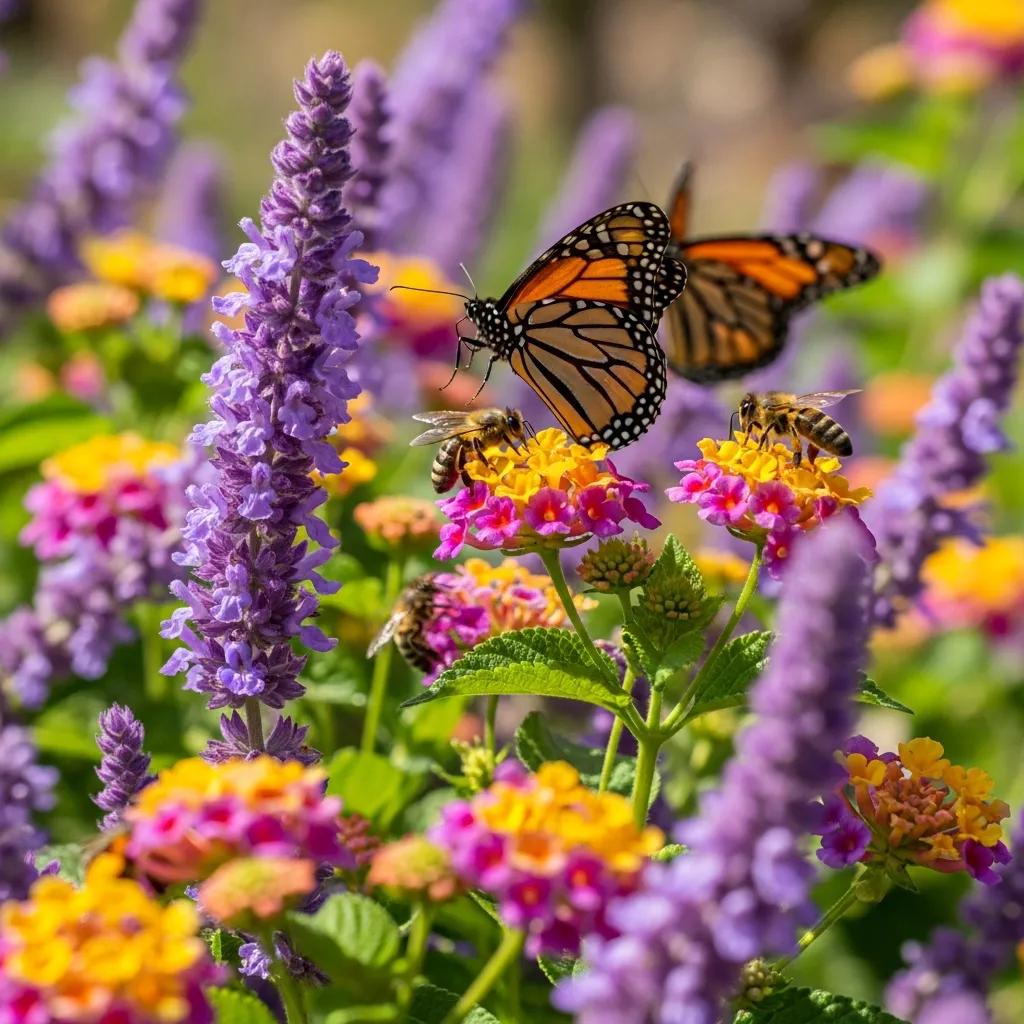 Texas Sage and Lantana flowers attracting bees and butterflies, illustrating the support for local wildlife