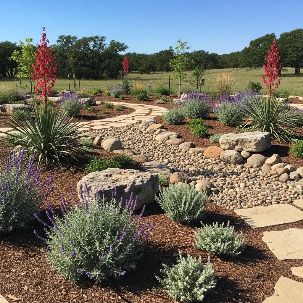 Vibrant xeriscape garden featuring drought-tolerant plants and natural stones