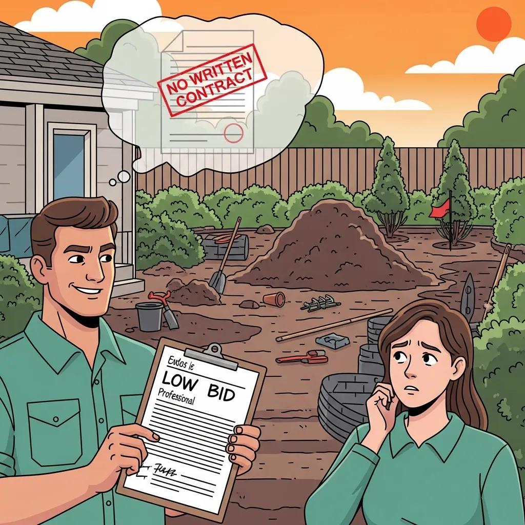 Visual representation of landscaping scam signs with a contractor and homeowner