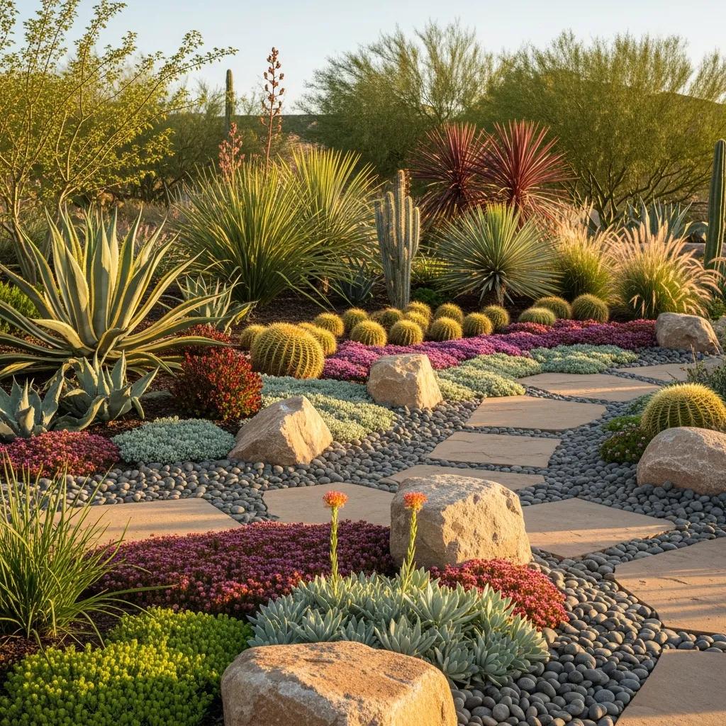 Well-designed xeriscape layout with native plants and hardscaping elements demonstrating sustainable landscaping principles