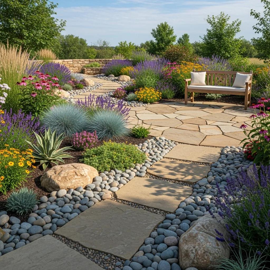 Xeriscape garden with creative hardscaping elements and drought-tolerant plants