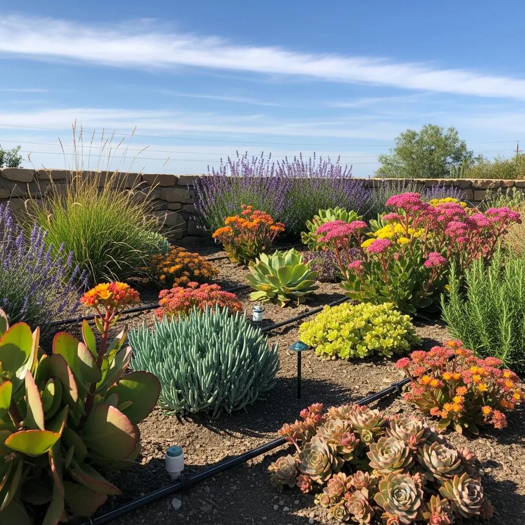 Xeriscaped garden featuring drought-tolerant plants and efficient irrigation systems