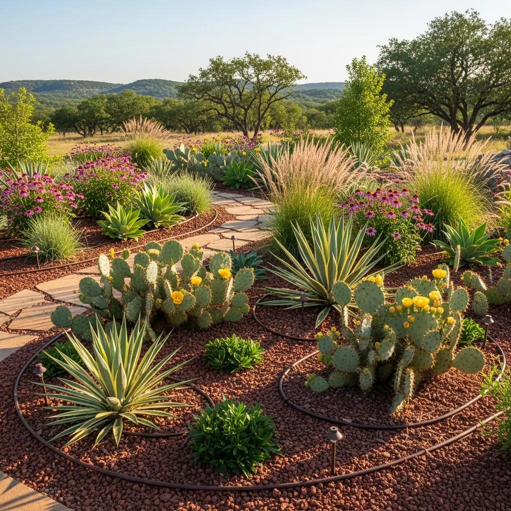 Xeriscaped garden in North Texas featuring drought-resistant plants and efficient irrigation