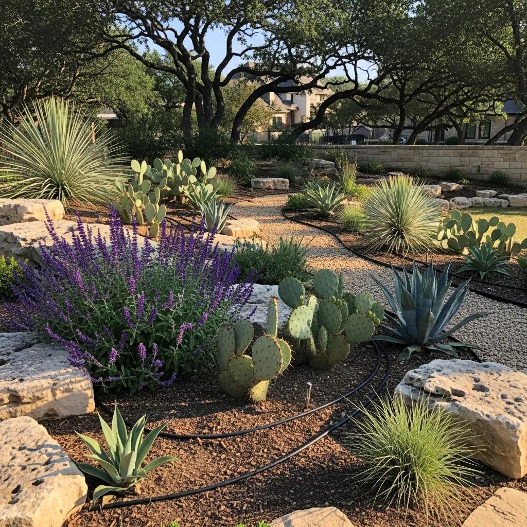 Xeriscaped garden in North Texas showcasing drought-resistant plants and efficient irrigation