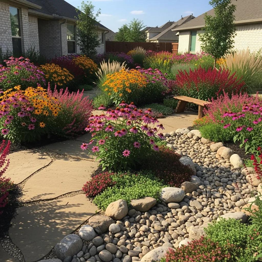 Xeriscaped garden in North Texas showcasing drought-resistant plants and water conservation techniques