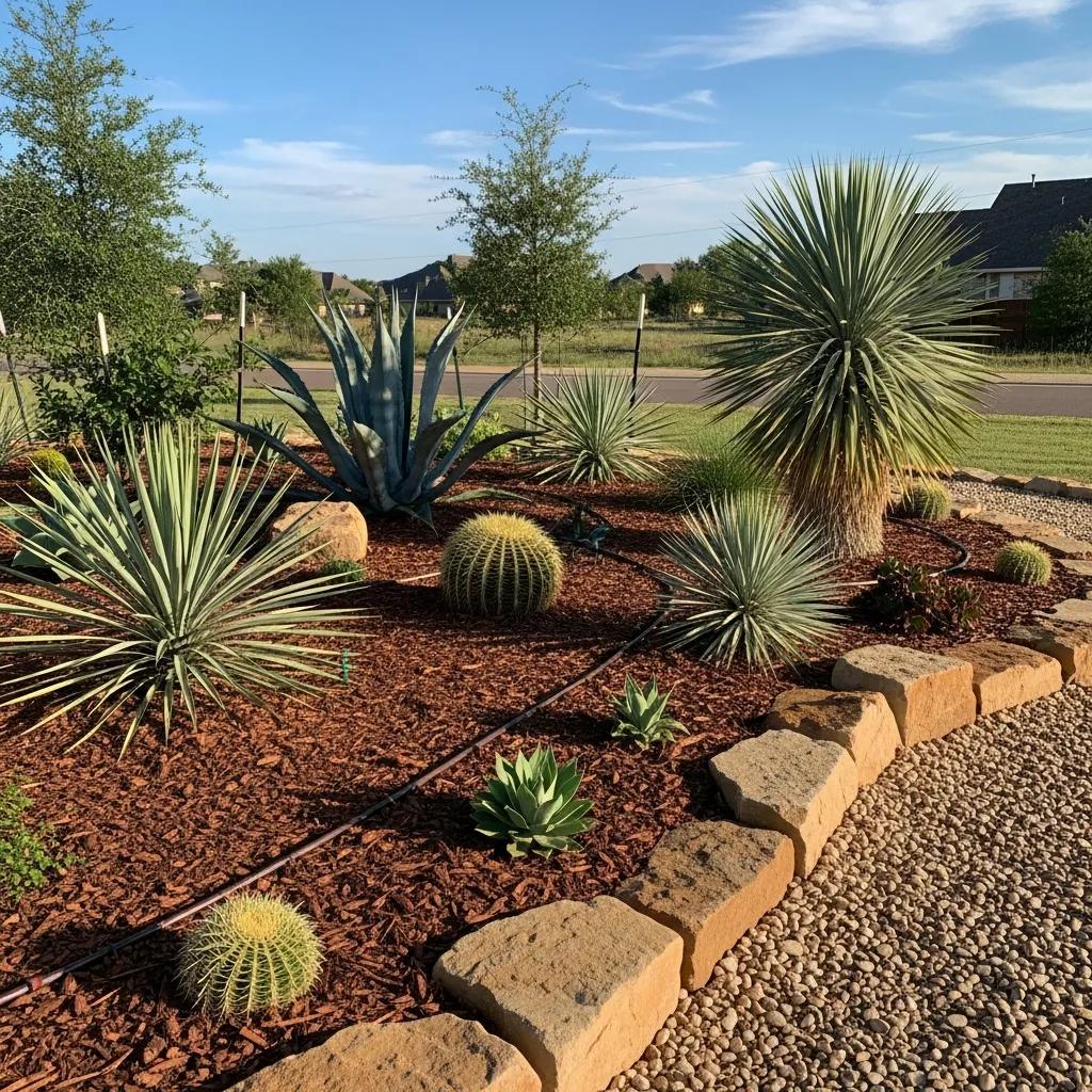 Xeriscaped garden in North Texas showcasing drought-tolerant plants and efficient irrigation methods
