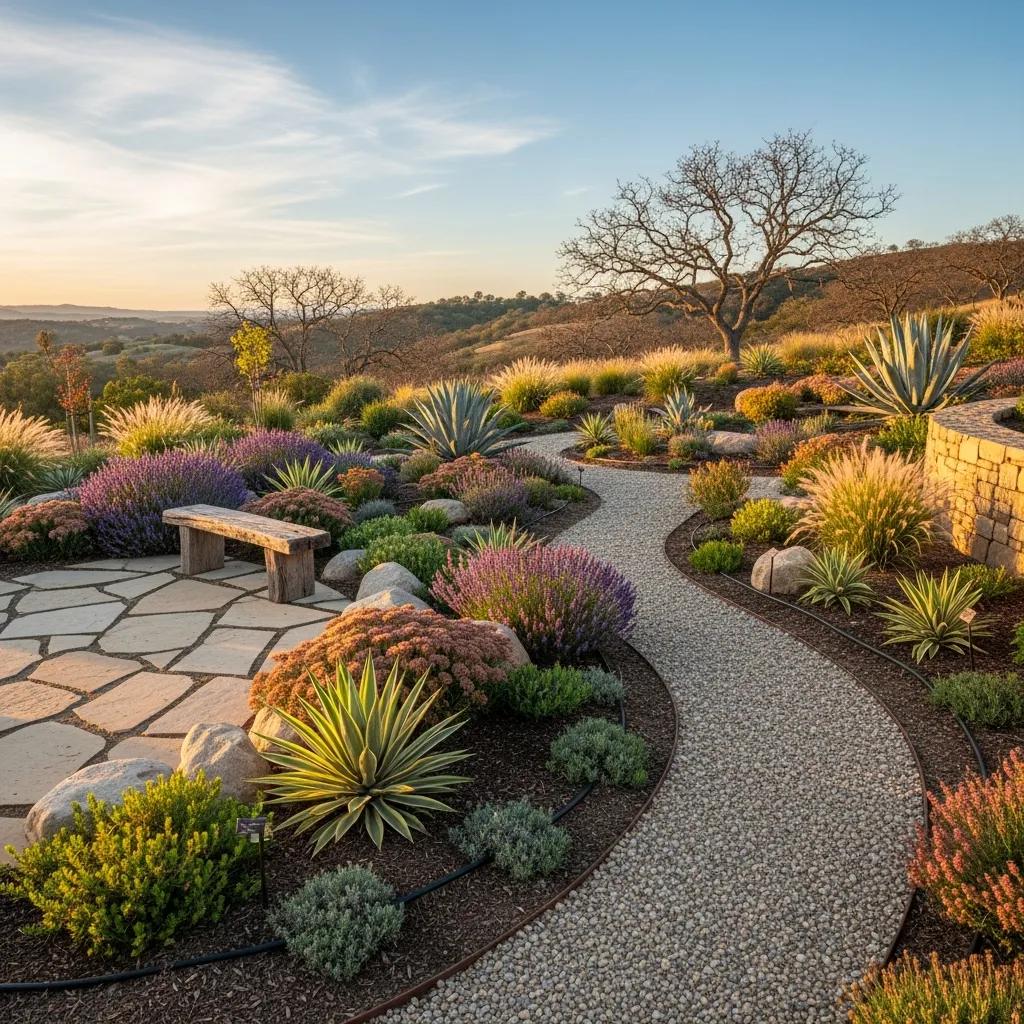 Xeriscaped garden showcasing drought-resistant plants and efficient irrigation systems