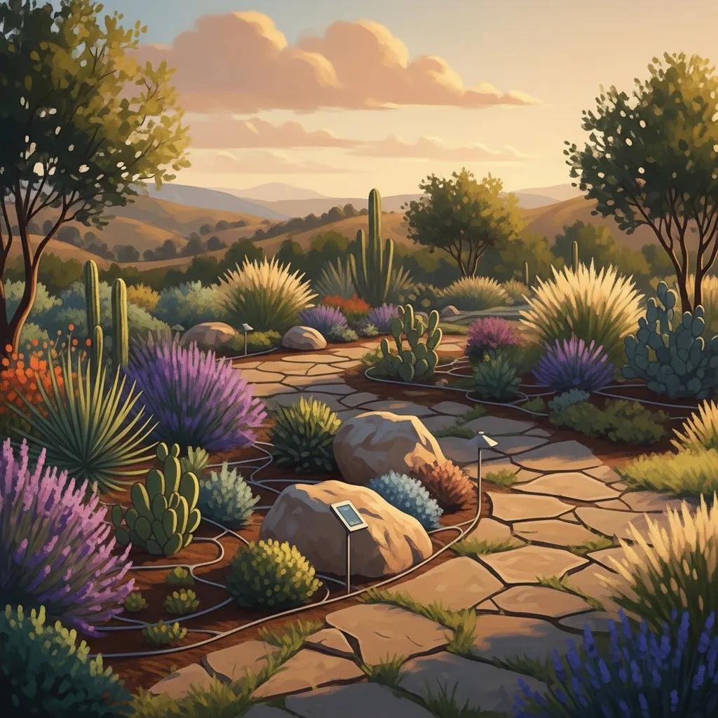 Xeriscaped garden with drought-tolerant plants and integrated smart irrigation system